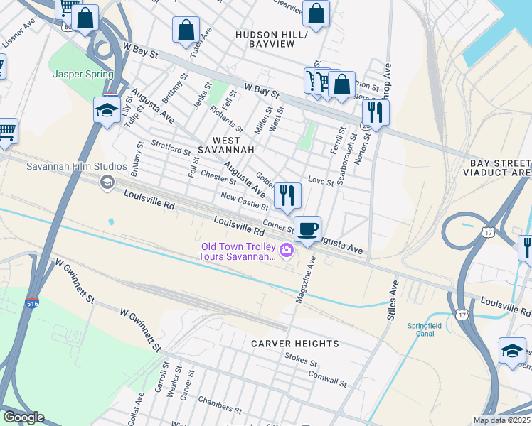 map of restaurants, bars, coffee shops, grocery stores, and more near 311 Portland Street in Savannah