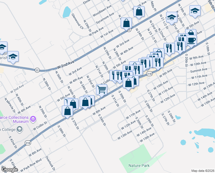 map of restaurants, bars, coffee shops, grocery stores, and more near 110 South 31st Street in Corsicana
