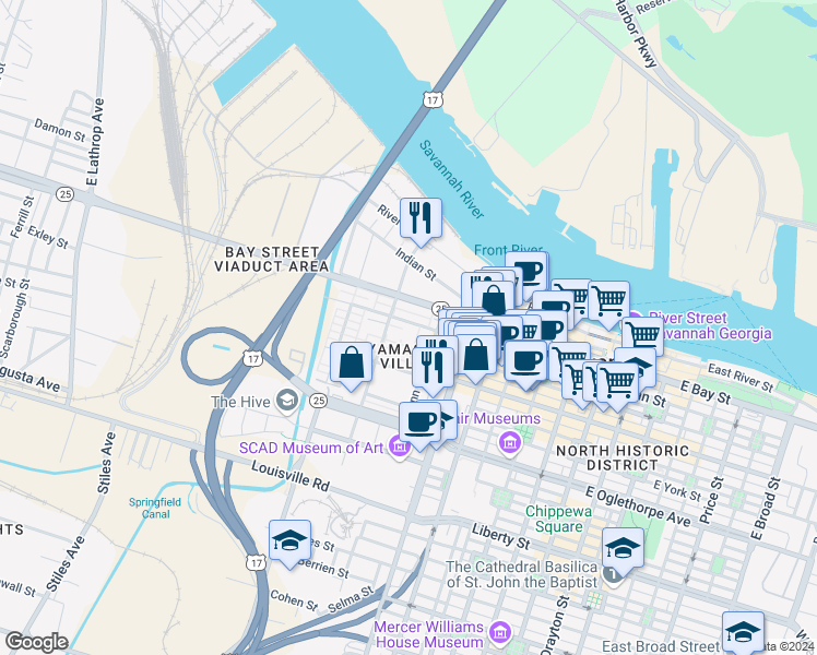 map of restaurants, bars, coffee shops, grocery stores, and more near 575 West Bryan Street in Savannah