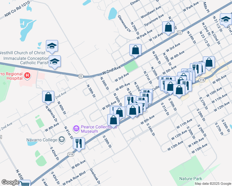 map of restaurants, bars, coffee shops, grocery stores, and more near 2520 West 5th Avenue in Corsicana