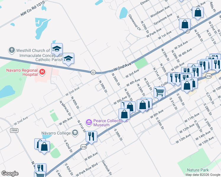 map of restaurants, bars, coffee shops, grocery stores, and more near 308 North 37th Street in Corsicana