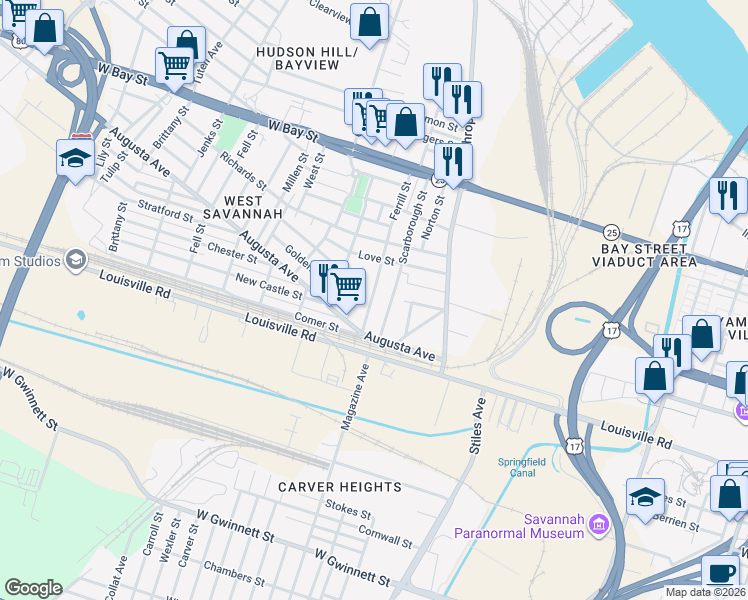 map of restaurants, bars, coffee shops, grocery stores, and more near 256 Ferrill Street in Savannah