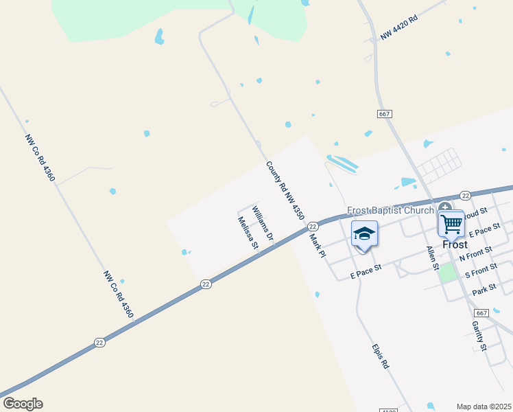 map of restaurants, bars, coffee shops, grocery stores, and more near 600 Williams Drive in Frost