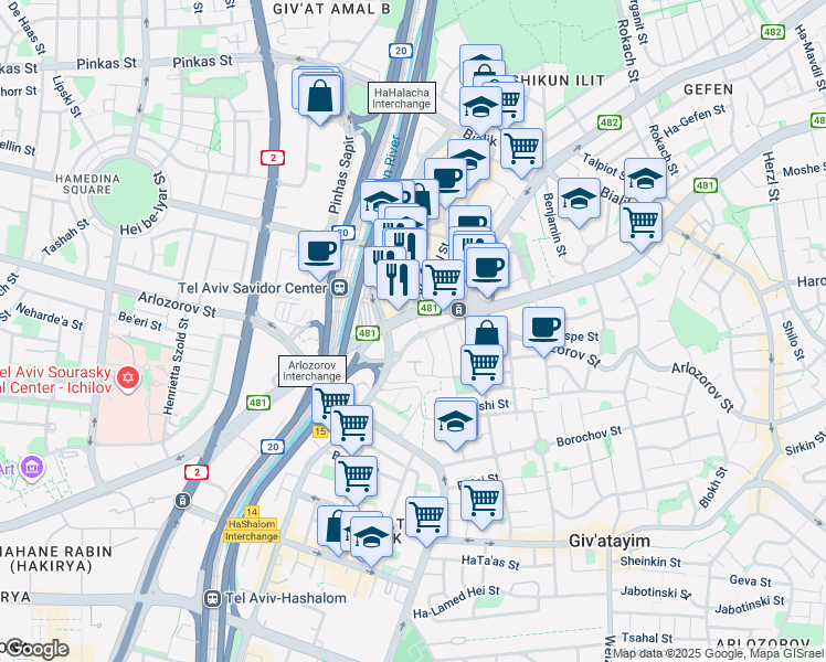 map of restaurants, bars, coffee shops, grocery stores, and more near 2 Ze'ev Jabotinsky Road in Ramat Gan