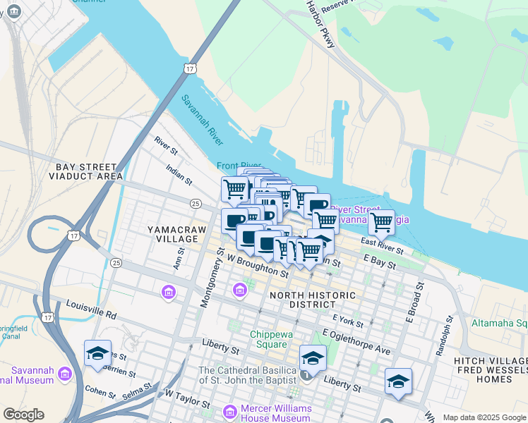 map of restaurants, bars, coffee shops, grocery stores, and more near 125 West River Street in Savannah