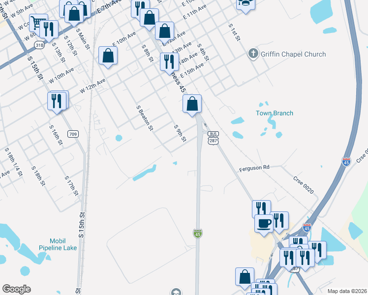 map of restaurants, bars, coffee shops, grocery stores, and more near 705 T A Carroll Avenue in Corsicana