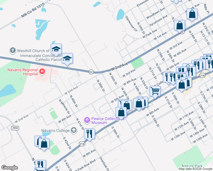 map of restaurants, bars, coffee shops, grocery stores, and more near 308 North 37th Street in Corsicana