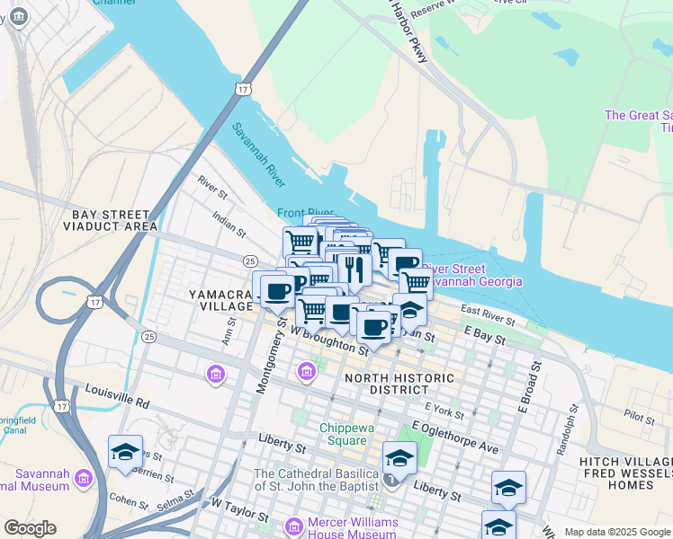 map of restaurants, bars, coffee shops, grocery stores, and more near 214 West Bay Street in Savannah