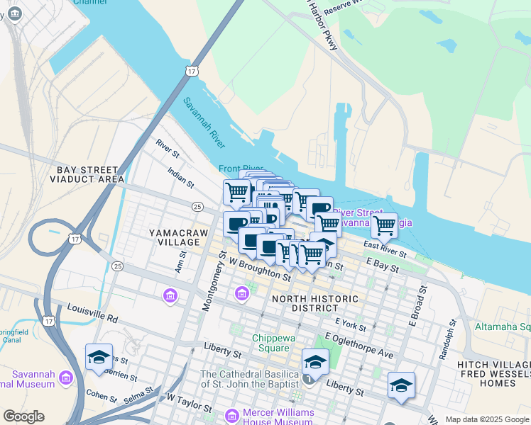 map of restaurants, bars, coffee shops, grocery stores, and more near 125 West River Street in Savannah