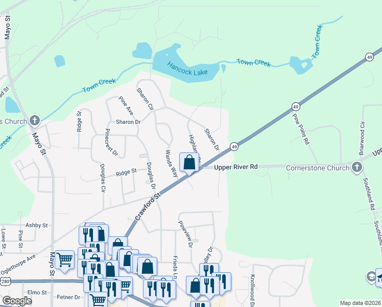 map of restaurants, bars, coffee shops, grocery stores, and more near 126 Highland Drive in Americus