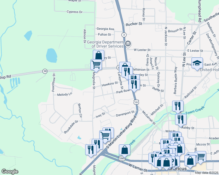map of restaurants, bars, coffee shops, grocery stores, and more near 807 Park Row in Americus