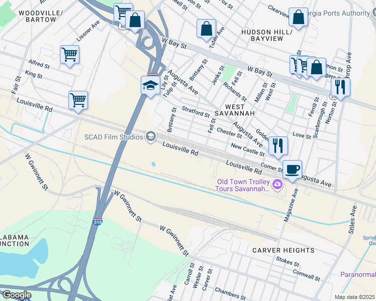 map of restaurants, bars, coffee shops, grocery stores, and more near Louisville Road in Savannah
