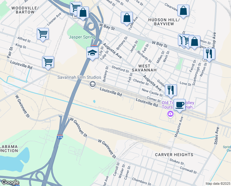 map of restaurants, bars, coffee shops, grocery stores, and more near Louisville Road in Savannah