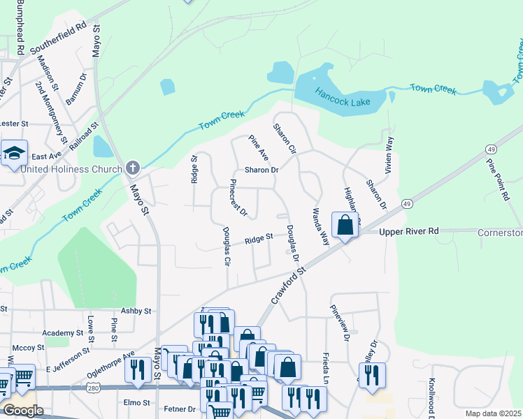 map of restaurants, bars, coffee shops, grocery stores, and more near 110 Pinecrest Drive in Americus