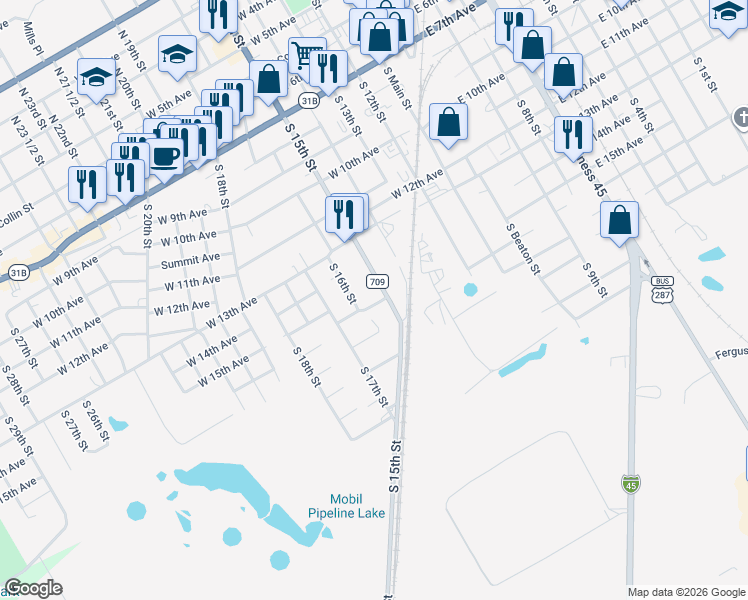 map of restaurants, bars, coffee shops, grocery stores, and more near 1018 South 15th Street in Corsicana