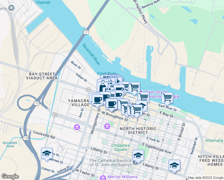 map of restaurants, bars, coffee shops, grocery stores, and more near 9 Jefferson Street in Savannah