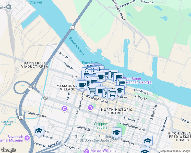 map of restaurants, bars, coffee shops, grocery stores, and more near 9 N Jefferson Street in Savannah