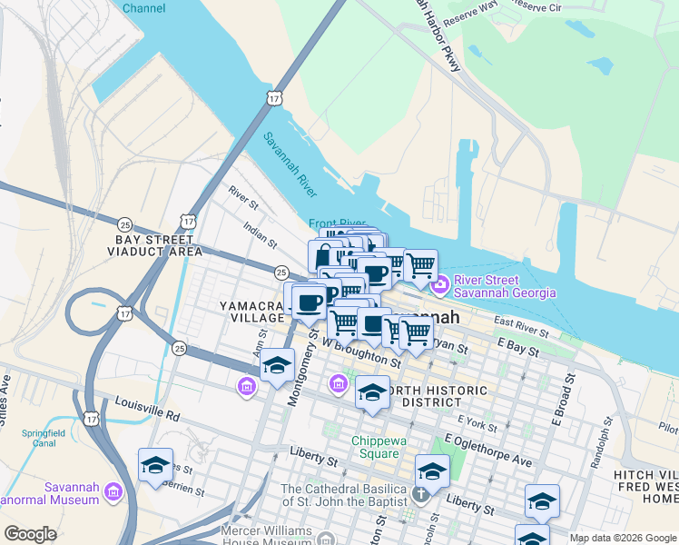 map of restaurants, bars, coffee shops, grocery stores, and more near 9 N Jefferson Street in Savannah