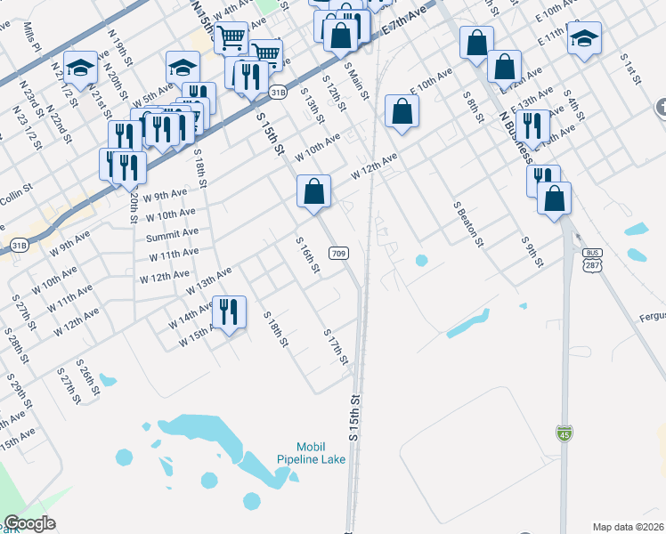 map of restaurants, bars, coffee shops, grocery stores, and more near 847 South 15th Street in Corsicana
