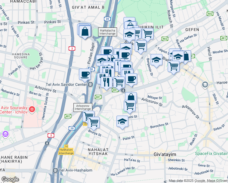 map of restaurants, bars, coffee shops, grocery stores, and more near 2 Ze'ev Jabotinsky Road in Ramat Gan
