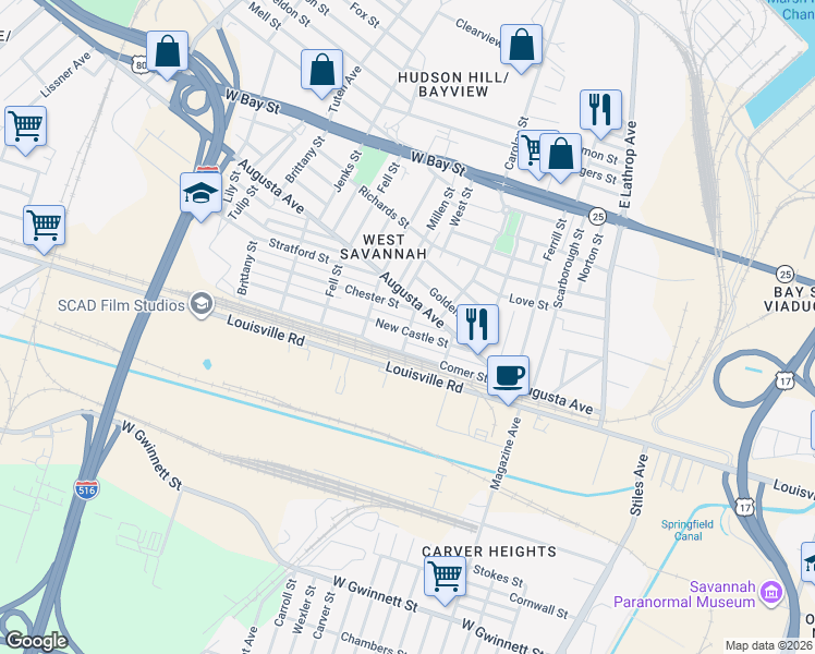 map of restaurants, bars, coffee shops, grocery stores, and more near 1409 Chester Street in Savannah