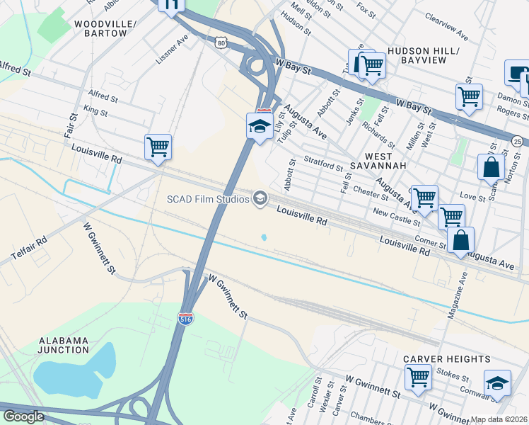 map of restaurants, bars, coffee shops, grocery stores, and more near 1772-2398 Louisville Rd in Savannah