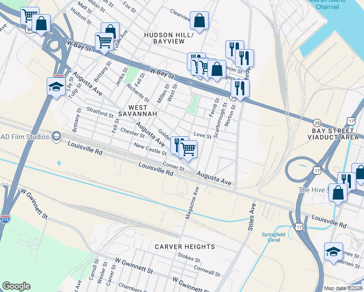 map of restaurants, bars, coffee shops, grocery stores, and more near 1306 Golden Street in Savannah