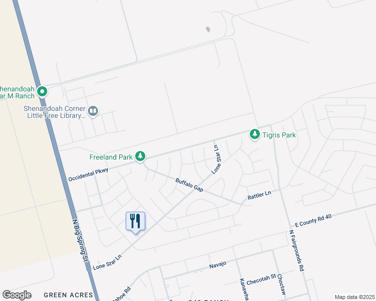 map of restaurants, bars, coffee shops, grocery stores, and more near Occidental Parkway in Midland