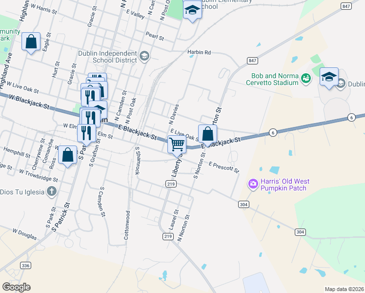 map of restaurants, bars, coffee shops, grocery stores, and more near Farm to Market Road 219 in Dublin