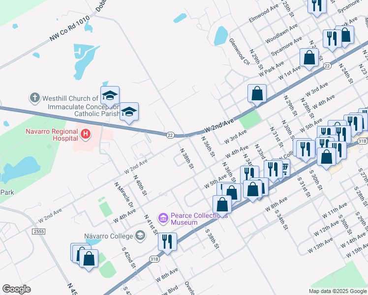 map of restaurants, bars, coffee shops, grocery stores, and more near 2809 West 2nd Avenue in Corsicana