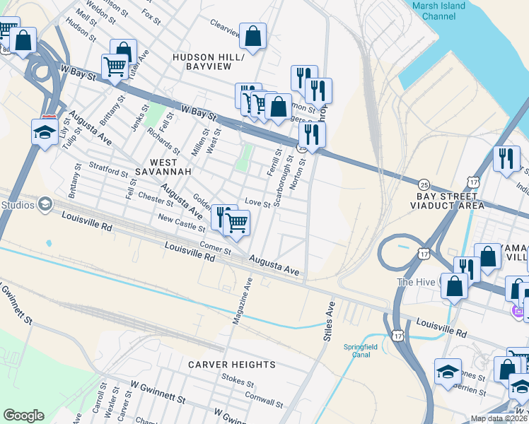 map of restaurants, bars, coffee shops, grocery stores, and more near 1207 Love Street in Savannah