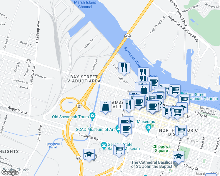 map of restaurants, bars, coffee shops, grocery stores, and more near 152 West Bay Street in Savannah