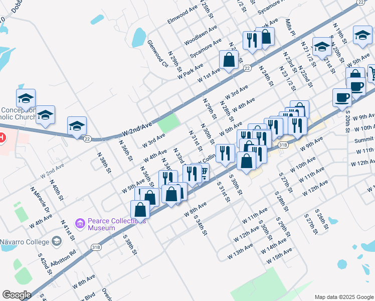 map of restaurants, bars, coffee shops, grocery stores, and more near 2216 West 5th Avenue in Corsicana