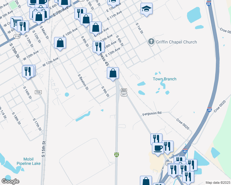 map of restaurants, bars, coffee shops, grocery stores, and more near 328 T A Carroll Avenue in Corsicana