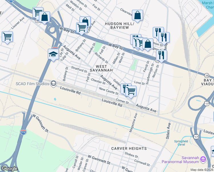 map of restaurants, bars, coffee shops, grocery stores, and more near 1409 Chester Street in Savannah