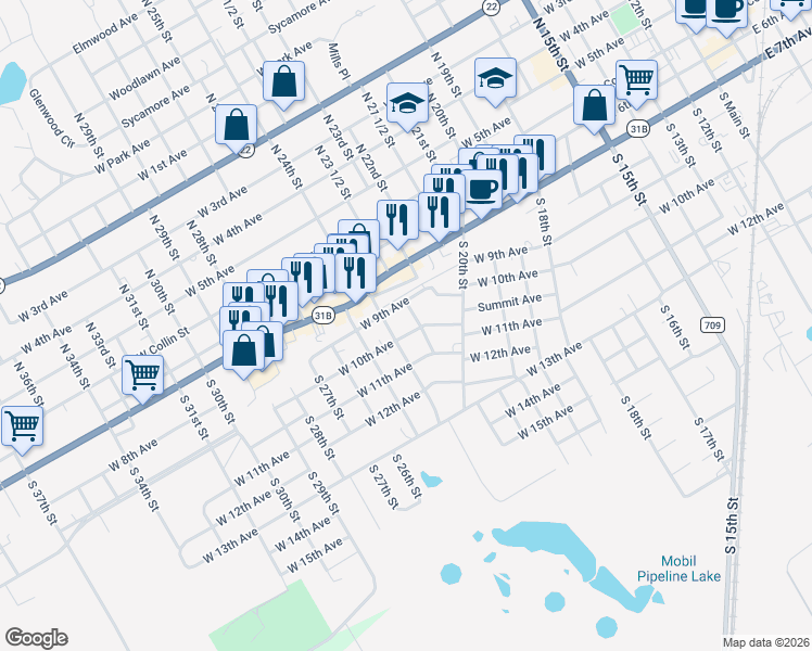 map of restaurants, bars, coffee shops, grocery stores, and more near 1326 West 10th Avenue in Corsicana