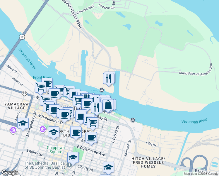 map of restaurants, bars, coffee shops, grocery stores, and more near 1 Resort Drive in Savannah