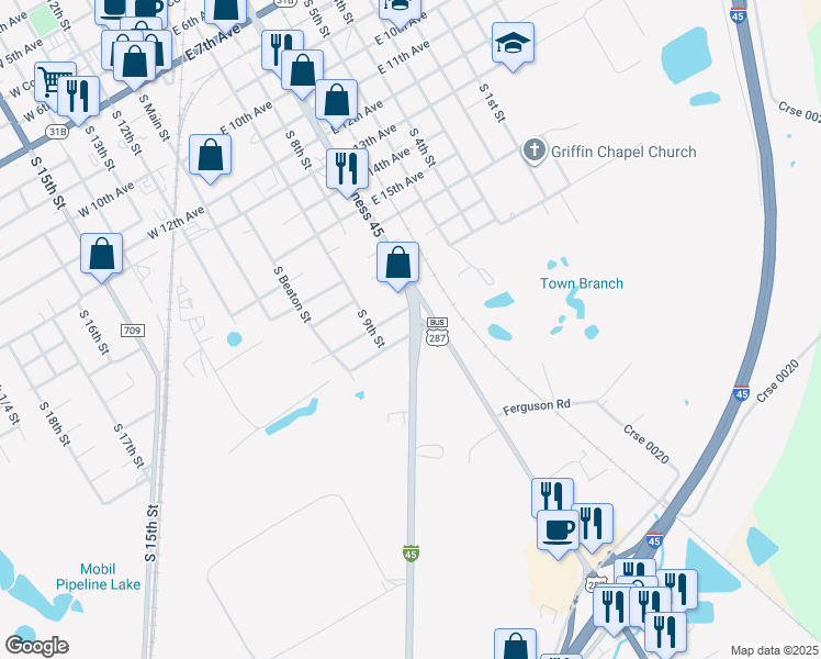 map of restaurants, bars, coffee shops, grocery stores, and more near 328 T A Carroll Avenue in Corsicana