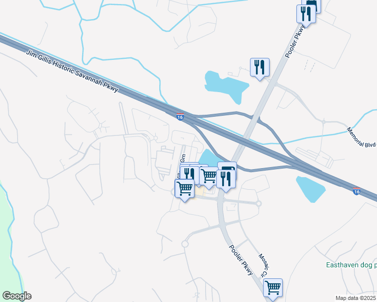 map of restaurants, bars, coffee shops, grocery stores, and more near 322 Village Green in Pooler