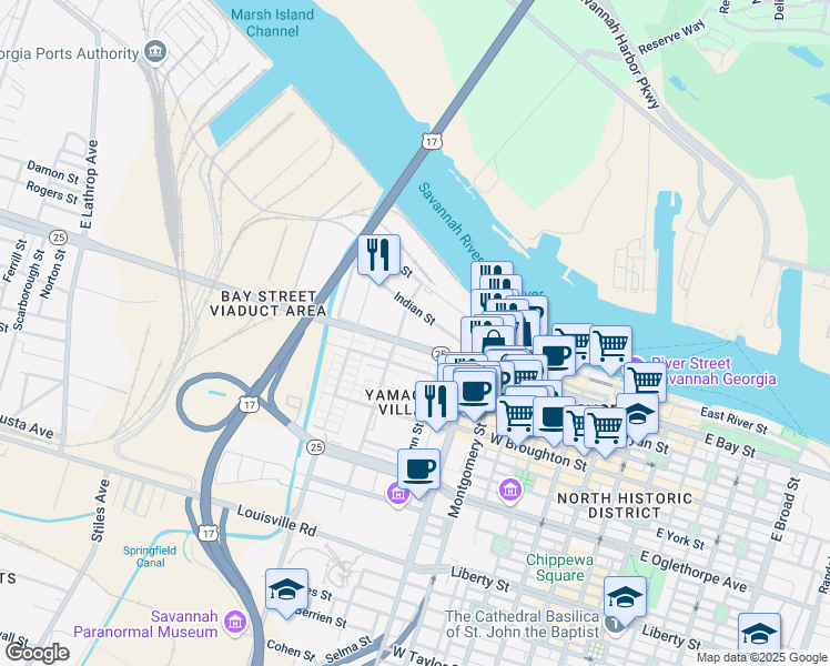 map of restaurants, bars, coffee shops, grocery stores, and more near 2 North Fahm Street in Savannah