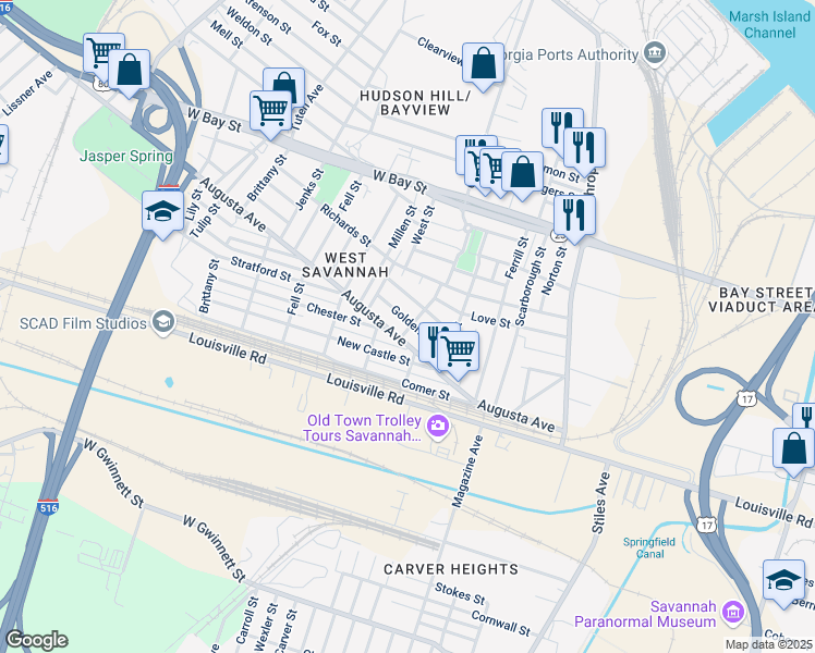 map of restaurants, bars, coffee shops, grocery stores, and more near 1401 Church Street in Savannah