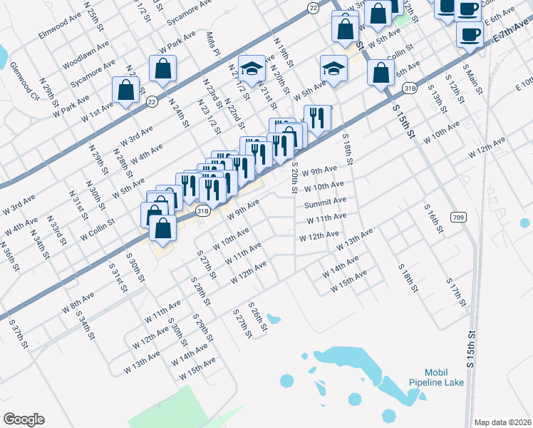 map of restaurants, bars, coffee shops, grocery stores, and more near 1326 West 10th Avenue in Corsicana