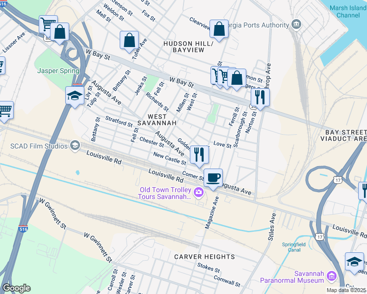 map of restaurants, bars, coffee shops, grocery stores, and more near 1401 Church Street in Savannah
