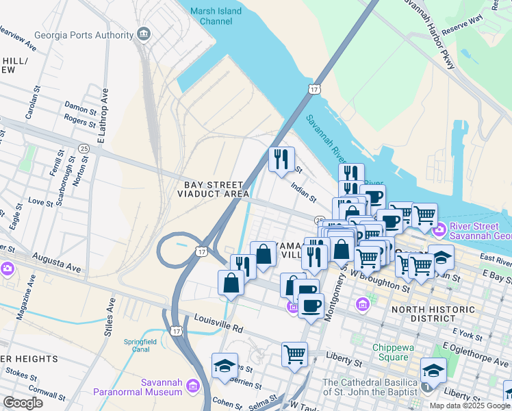 map of restaurants, bars, coffee shops, grocery stores, and more near 651 West Bryan Street in Savannah