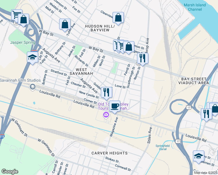 map of restaurants, bars, coffee shops, grocery stores, and more near 1306 Golden Street in Savannah