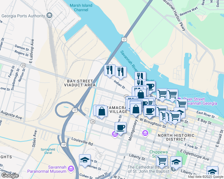 map of restaurants, bars, coffee shops, grocery stores, and more near 151 West Bay Street in Savannah
