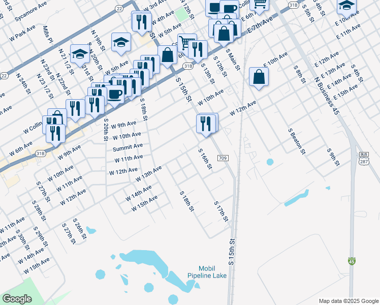map of restaurants, bars, coffee shops, grocery stores, and more near 805 South 17th Street in Corsicana