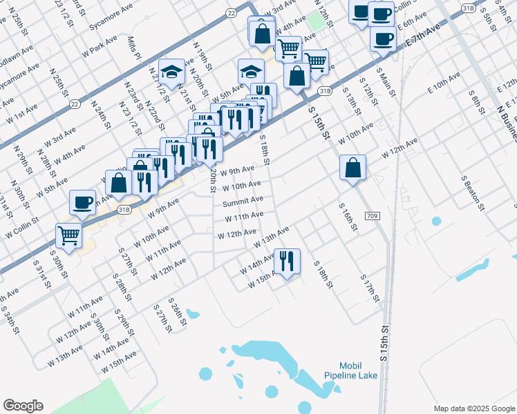 map of restaurants, bars, coffee shops, grocery stores, and more near 1012 West 11th Avenue in Corsicana