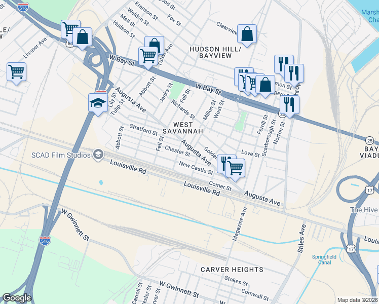 map of restaurants, bars, coffee shops, grocery stores, and more near 1409 Chester Street in Savannah