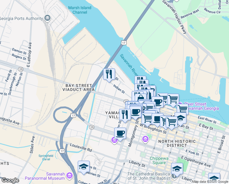 map of restaurants, bars, coffee shops, grocery stores, and more near 2 North Fahm Street in Savannah